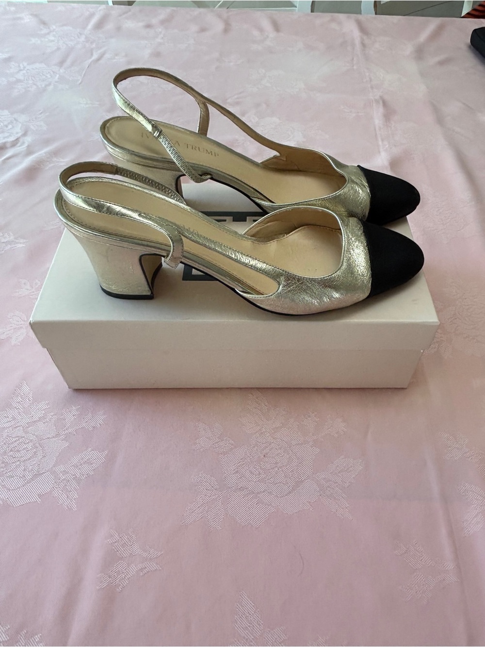 Ivanka Trump Gold Slingback Heels with Black Cap Toe